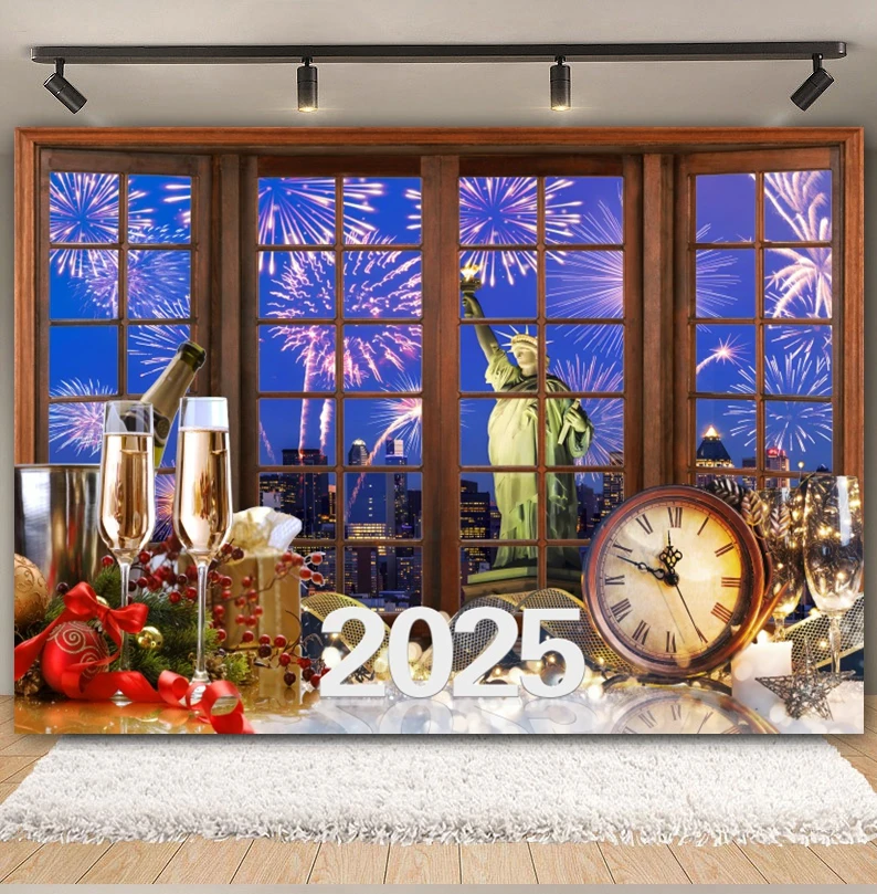2025 Happy New Year Fireworks Photography Backdrop New Year Eve Clocks Champagne Home Party Decor Background Photo Studio Props