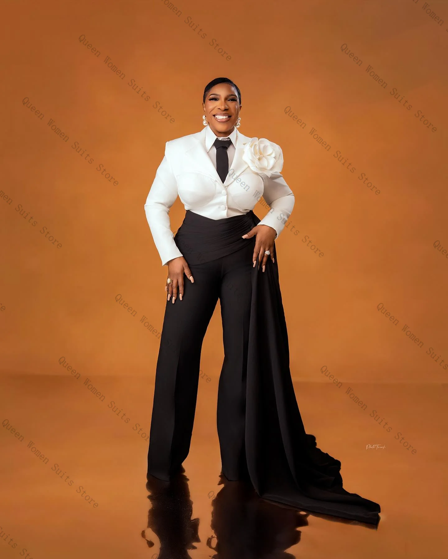 

Black White Women Suit Set 2 Pcs Blazer+Pants Trousers Long Train 3D Flower Formal Office Lady Jacket Wedding Coat Customized