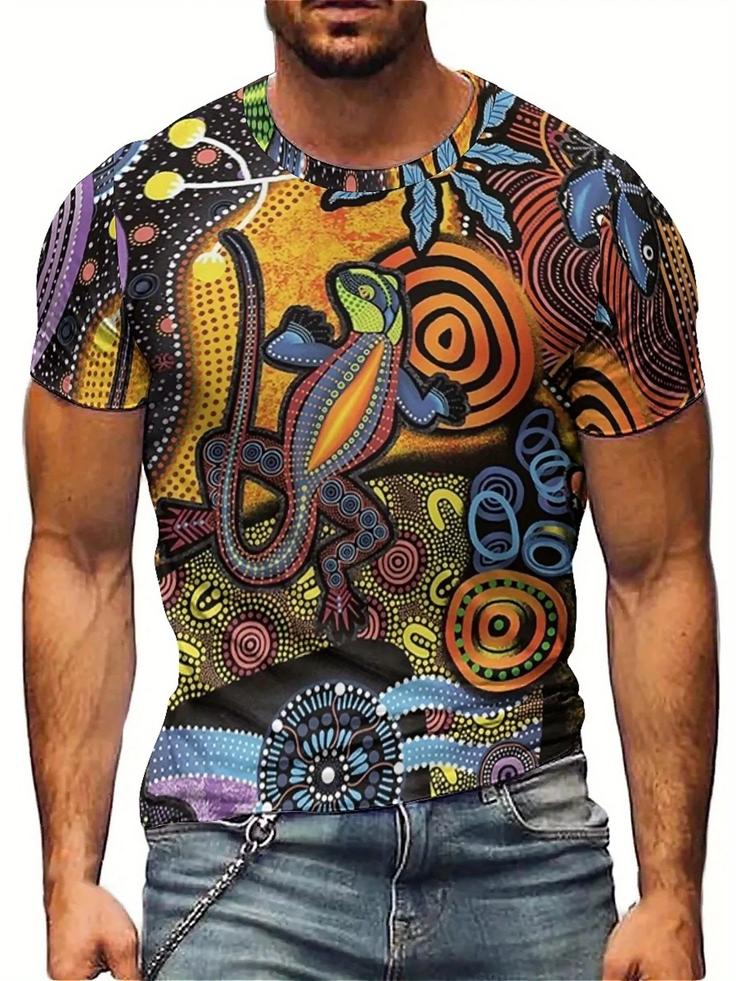 Men's Lightweight 3D Lizard Art Print T-Shirt - Fun Punk Style, Short Sleeve, Breathable Polyester, Vibrant Geometric