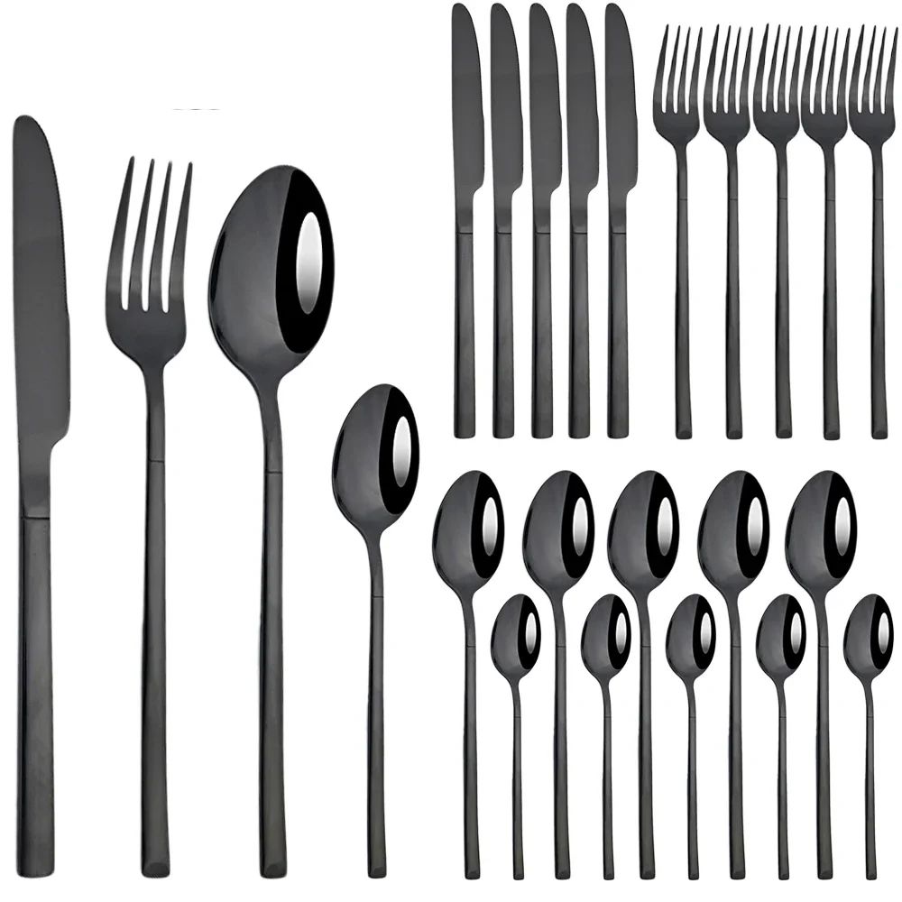 

24pcs Cutlery Set Black Dinnerware Set Stainless Steel Tableware Knife Fork Spoon Teaspoon Flatware Dishwasher Safe Kitchen