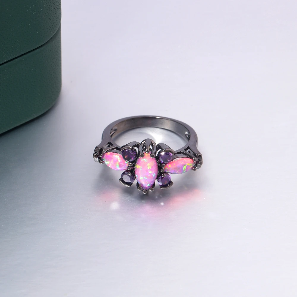 CiNily Pink Big Fire Opal Stone Black Gold Color Rings Purple Violet Zircon Crystal Butterfly Animal Ring Fashion Jewelry Women