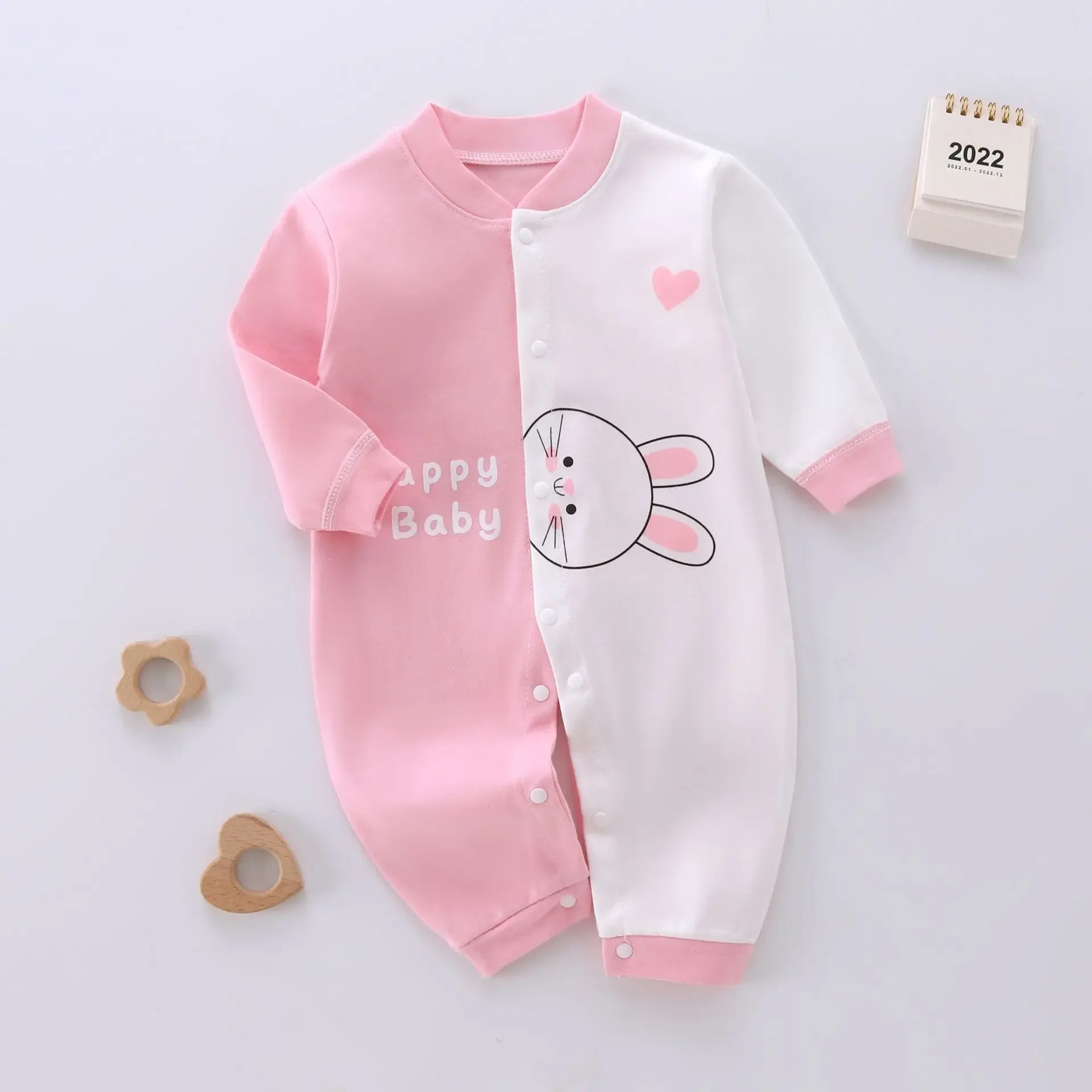 Newborn Clothes Infant Girls Cartoon Print Crewneck Bodysuit Toddler New Design Cotton Soft Color Blocking Long Sleeved Romper