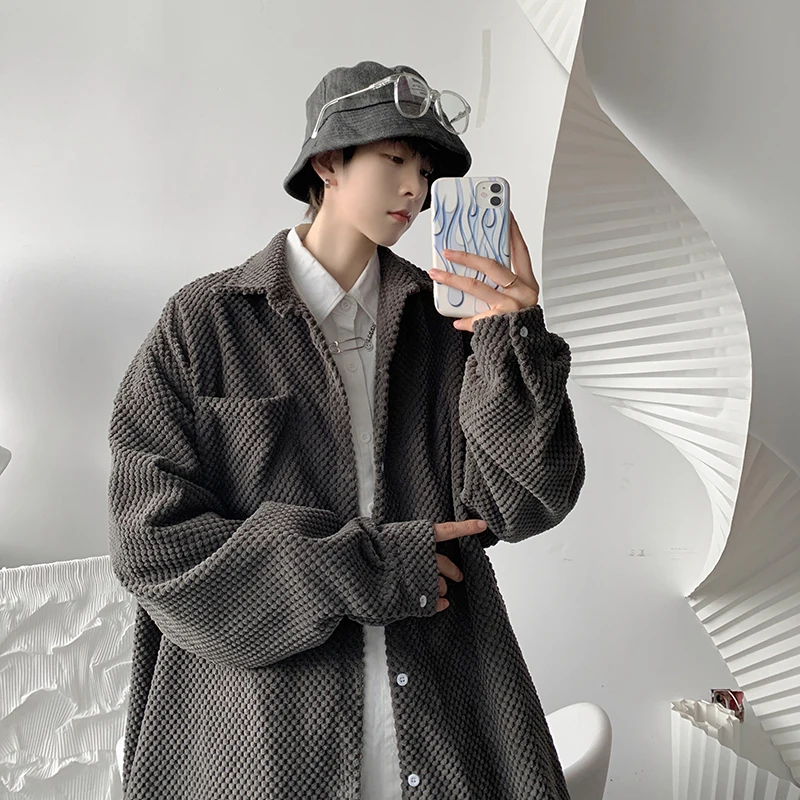 

Свободный хлопковый вельветовый мужской повседневный длинный свек с отложным воротником, осень-весна, модная уличная одежда на пуговицах