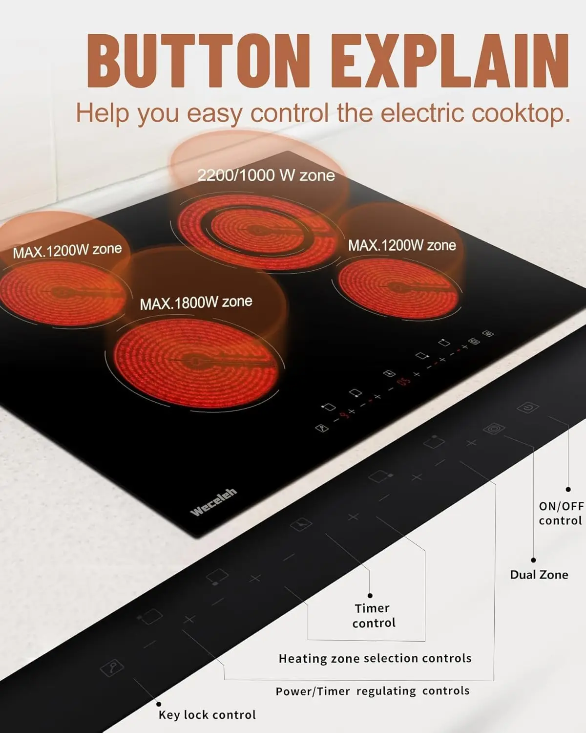 30 inch Electric Cooktop 4 Burners 6400W Built-in Electric Stove Top with 9 Power Levels,Child Safety Lock Touch Control