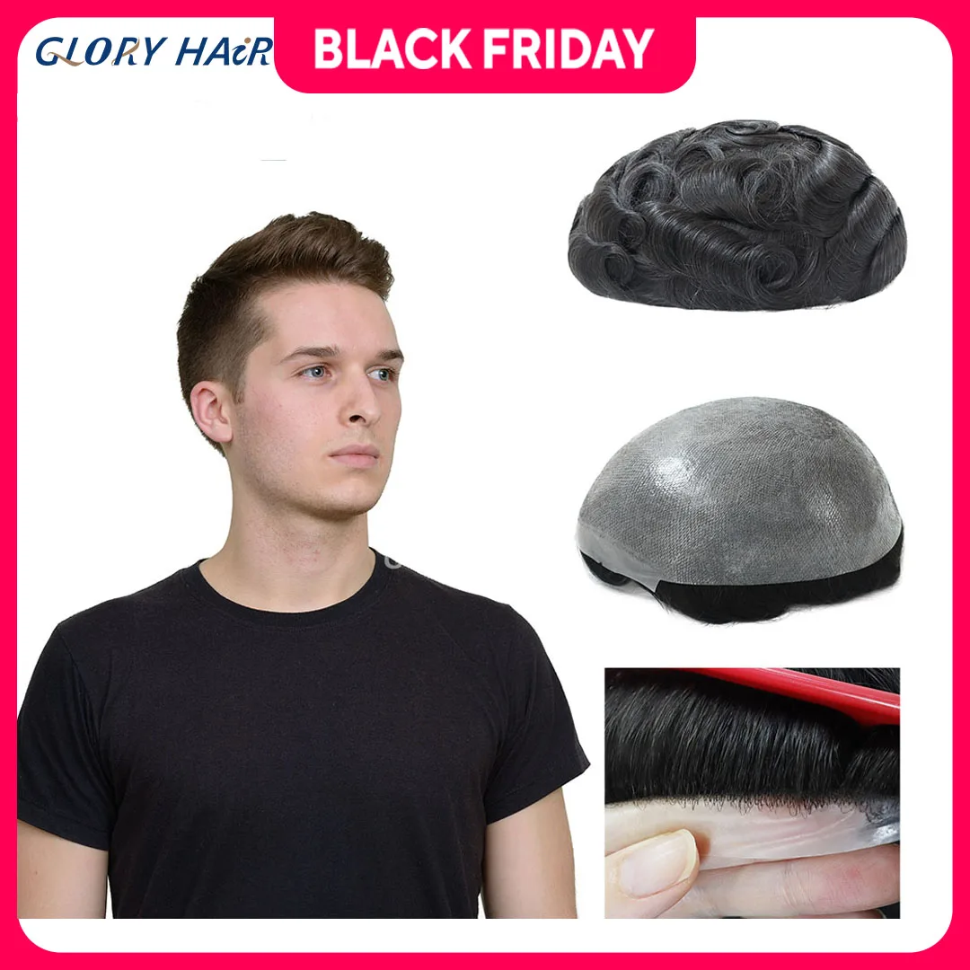 TSV - 0.08 - 0.10 ملم شعر مستعار رقيق شعر بشري هندي بدلة رجل جميع شعر مستعار بحلقة على شكل حرف V للعقل #1