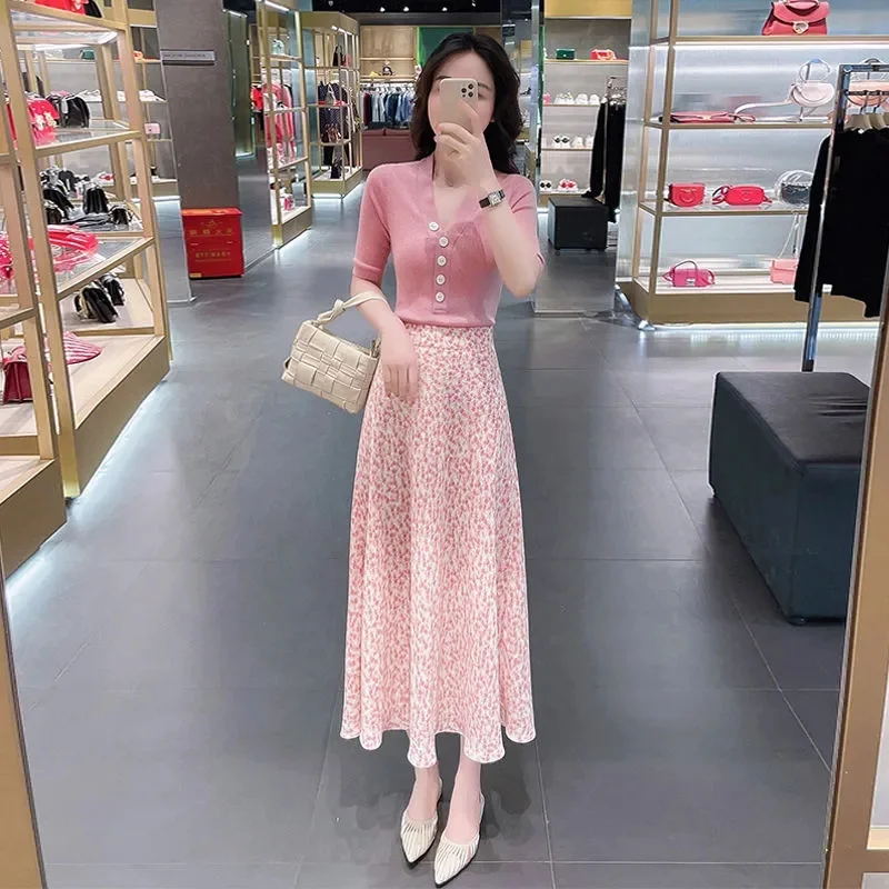 Summer Female Half Sleeve Long Skirt 2025 Women V-neck Floral Print Two Piece Set Coat High-grade Ladies Fashion Chiffon Outfit