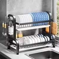 2026 New 2 Tier Stainless Steel Dish Drainer Rustproof Compact Kitchen Organizer with Utensil Holder
