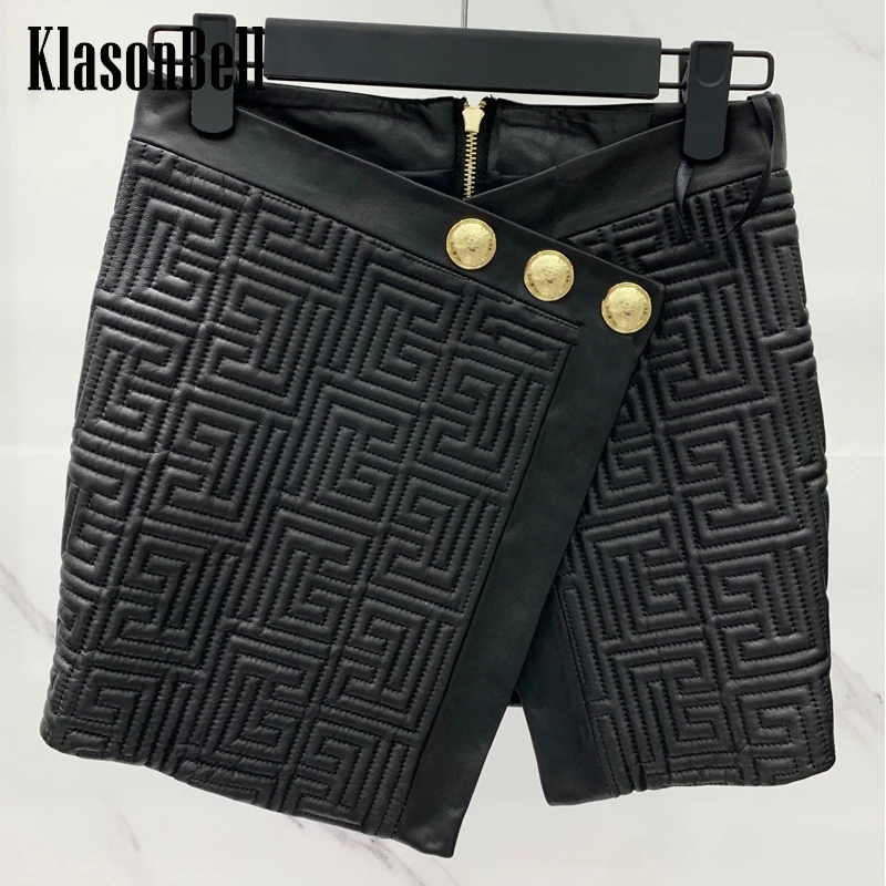 3.14 KlasonBell Sheepskin Split Short Skirt Women Vintage Geometric Embroidery Gold Button Asymmetrical Real Leather Skirt