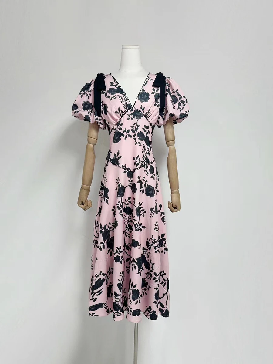 VGH Casual Printing Slimming Long Dresses For Women V Neck Short Sleeve High Waist Temperament Draped Dress Female Fashion New