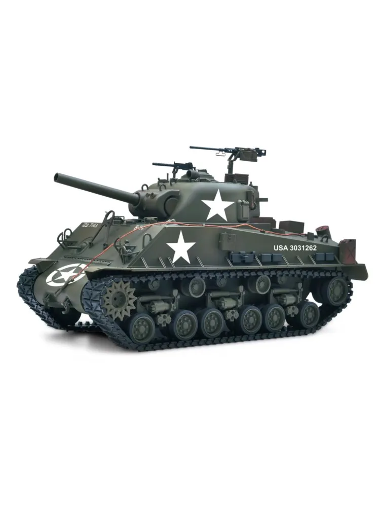 Speelgoed 1/16 RC Tank Sherman M4A3 E8 IR BB Kanoneenheid met kogelvrije kogelbaan, rookunit, metalen chassis, wegwielen, 360° rotatie RC Panzer - afbeelding 2