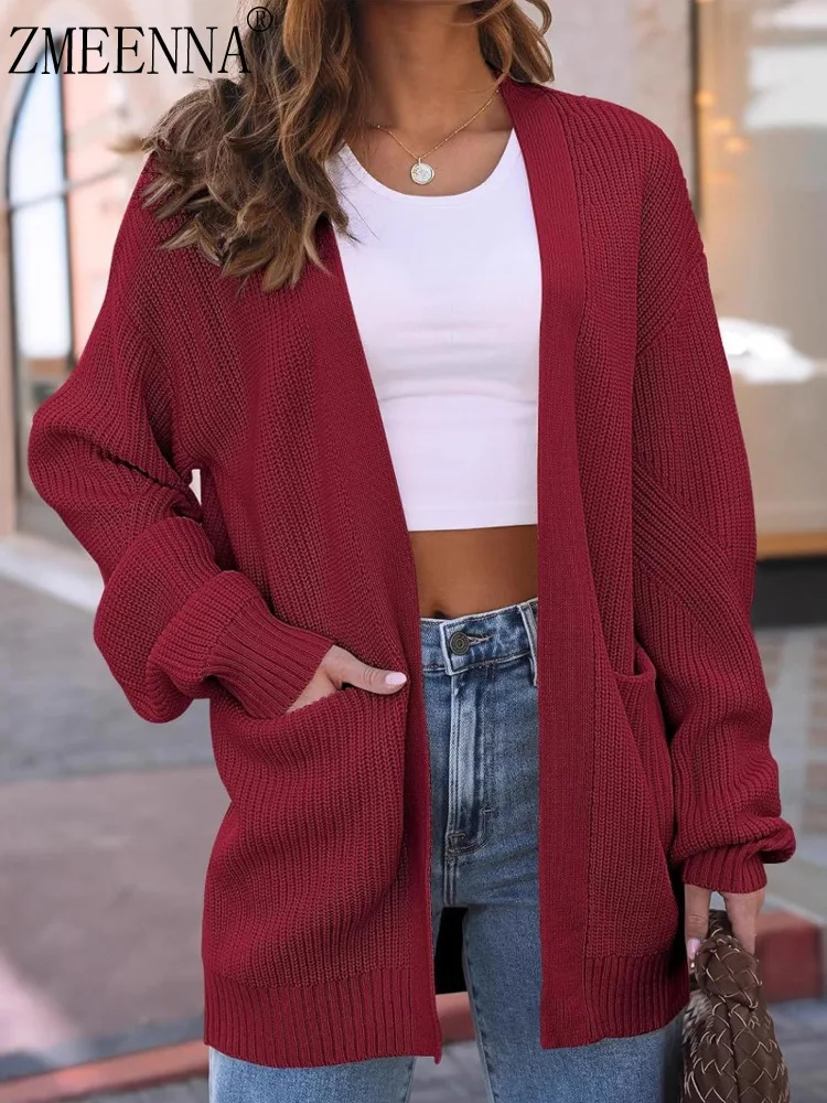 

ZMEENNA Womens Casual Red Chunky Knit Open Front Cardigan With Pockets And Ribbed Sleeves Fall Winter Outerwear ZM3691