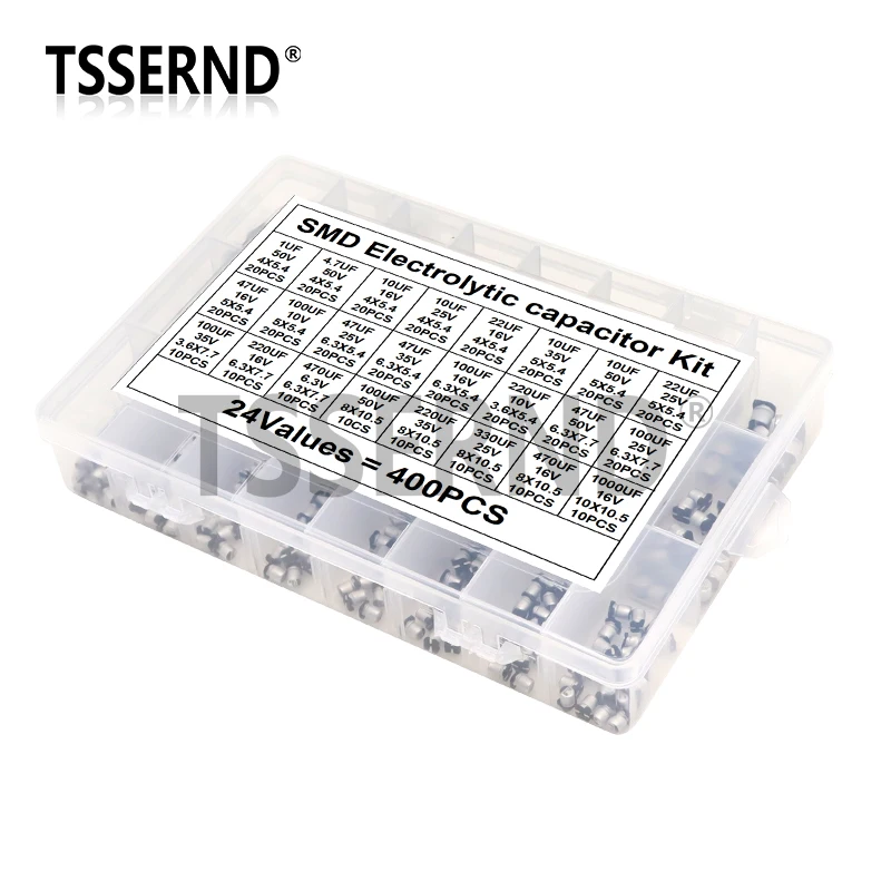 400pcs 24Values SMD Aluminum Electrolytic Capacitor Assortment Kit 1UF-1000UF 6.3V-50V Capacitance Sample Set with box