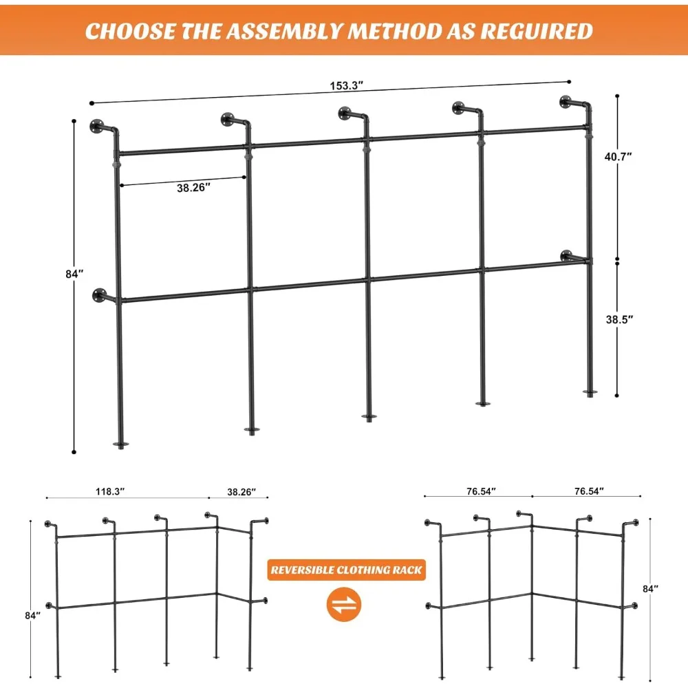 Rack de roupas de tubo industrial, rack de roupas reversível de 13 pés para pendurar roupas, rack de vestuário resistente, rack de guarda-roupa de armário