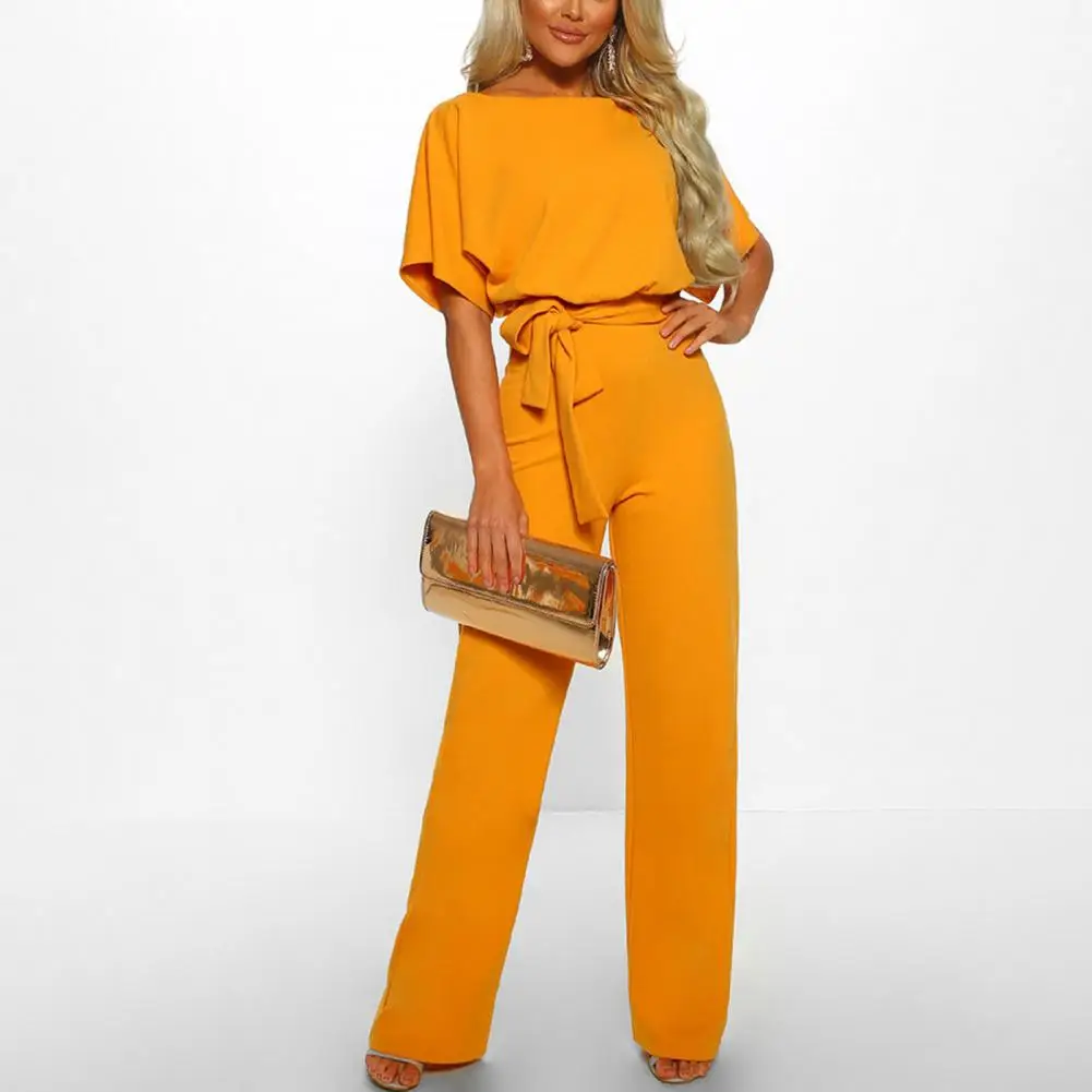 Elegant Jumpsuit Lace Up High Waist Women Solid Color Straight Leg Romper Fashion Short-sleeved Round Neck Jumpsuit for Dating