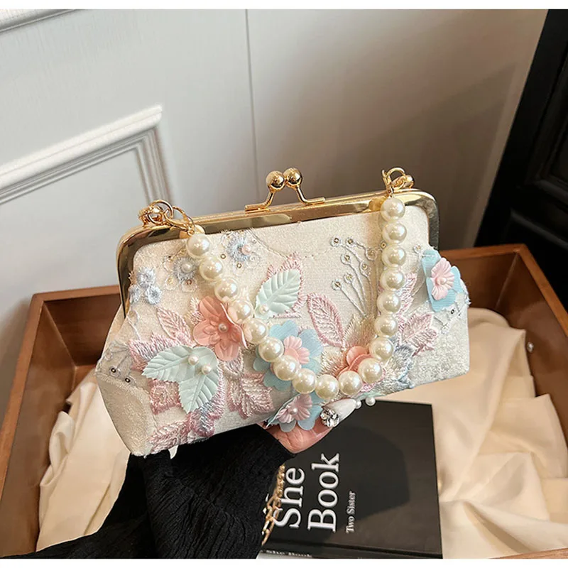 

Wedding Shell Lock Bags Women Shoulder Crossbody Bag New Classic Lace Bag Pearl Evening Bags Chain Women's Handbags Purses