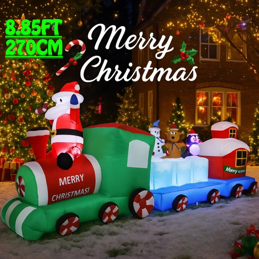 

8.85FT Inflatable Christmas Toy Santa Claus Train Decoration Friends Xmas Yard Christmas LED Supplies Home Ornament Festive Gift