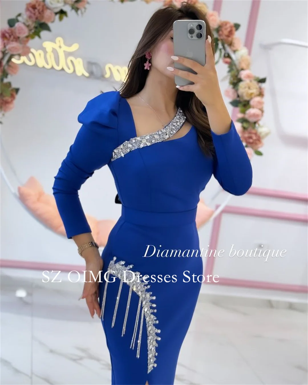 OIMG 2024 New Summer Women\'s Maxi Blue Crepe Satin Prom Dress Customized Fashion Celebrity V-Neck Crystals Simple Party Dress
