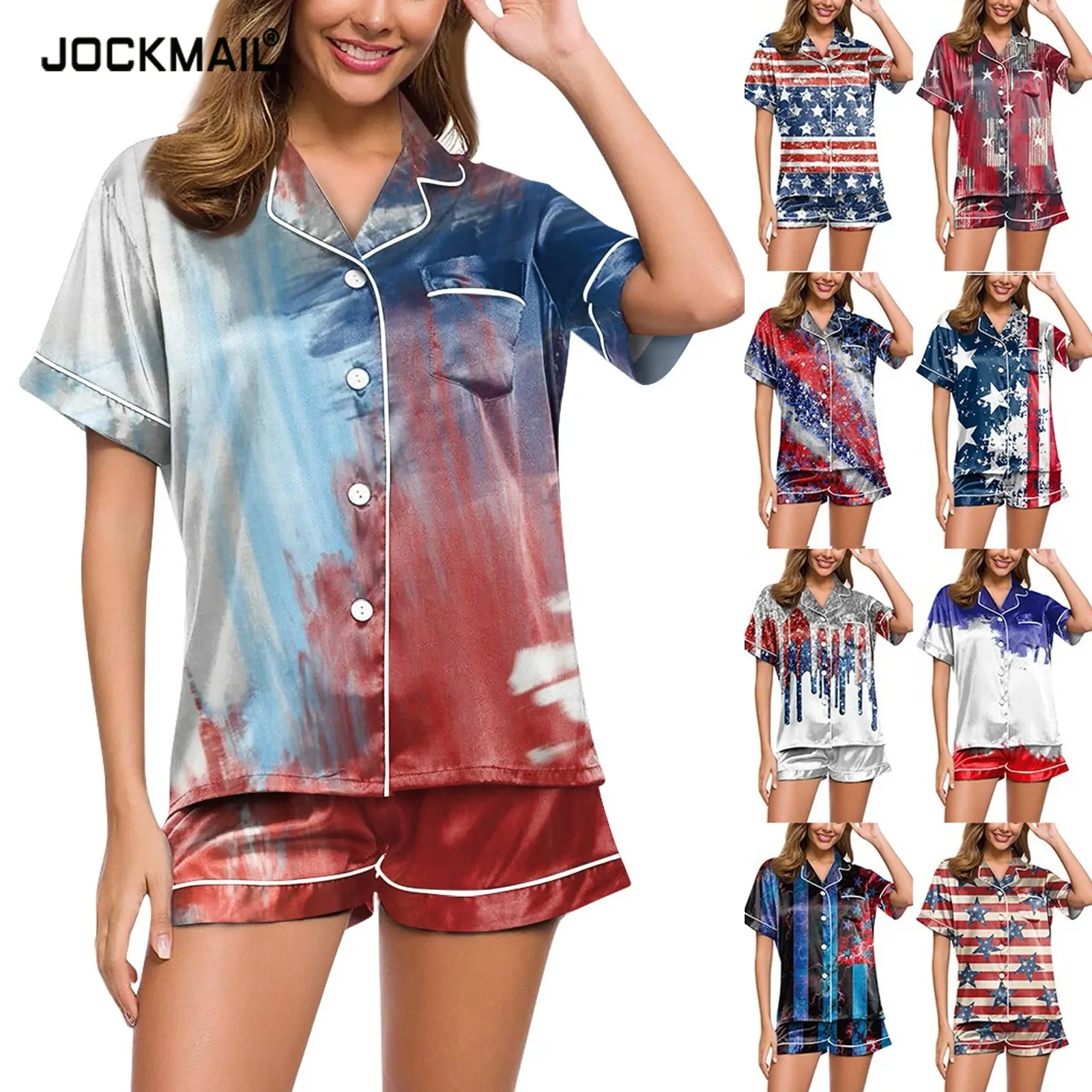 Printing Set Pajamas 2 Piece Pyjamas Set For Women Flag Graphic Print Button Down Sleepwear Loungewear Two Piece Independence Da