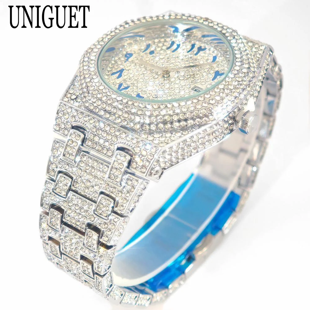 Nova marca de moda número árabe relógio quartzo para homens luxo totalmente diamante bling prata à prova dwaterproof água iced out relógios masculino quente