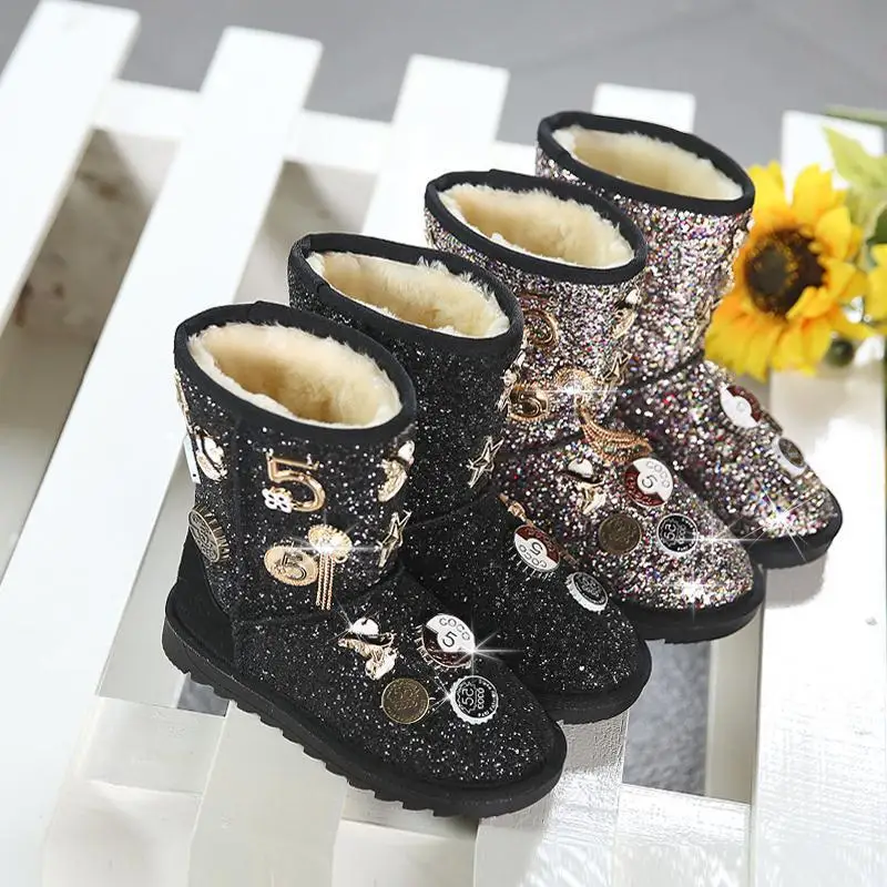 

New Bling Kids Winter Snow Boots Children Fashion Girls Glitter Toddlers Warm Fur Boots Mommy and Me Snow Sequin Boots XZ002