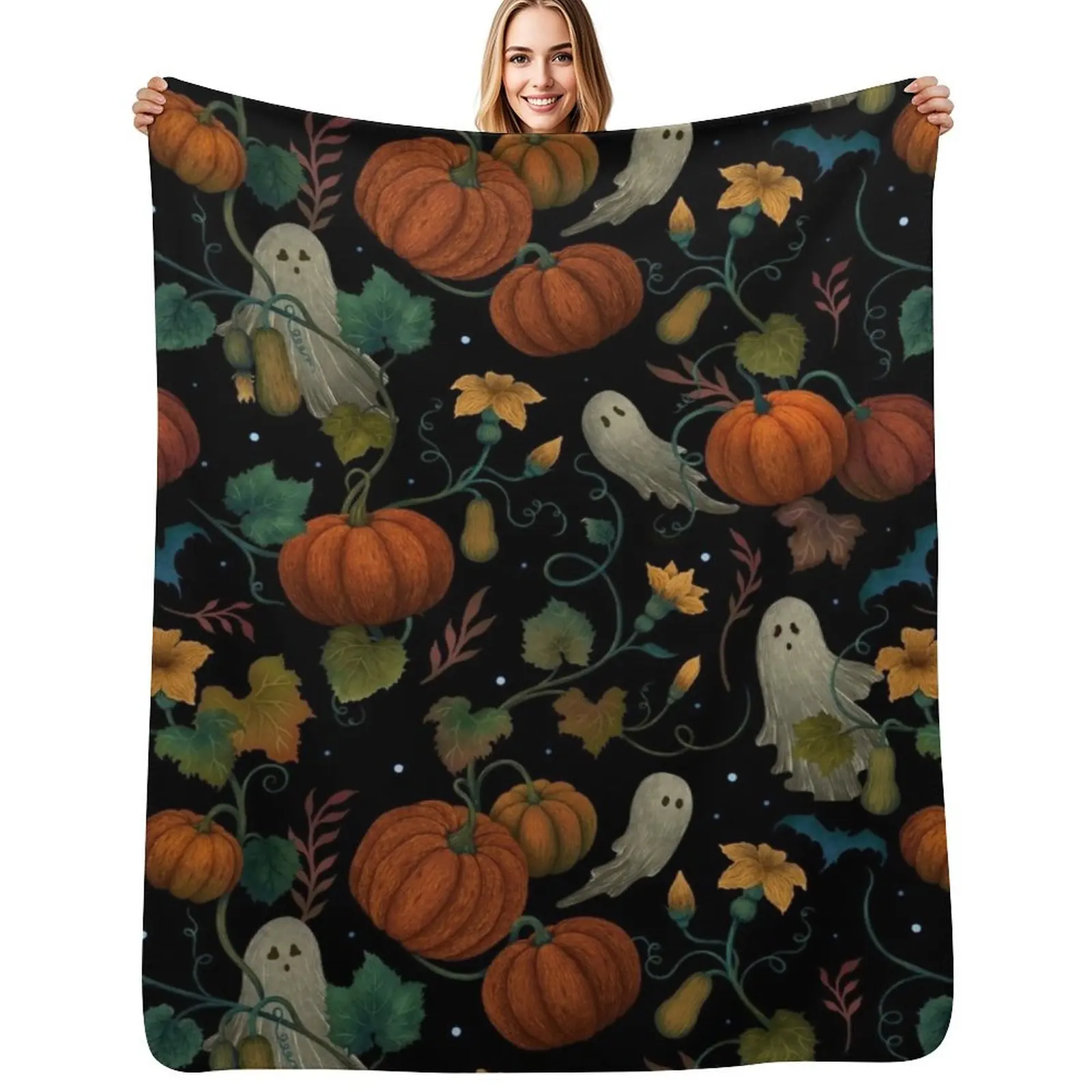 

Pumpkin Ghost Pattern Throw Blanket Furry bed plaid Flannel Fabric Beach Blanket