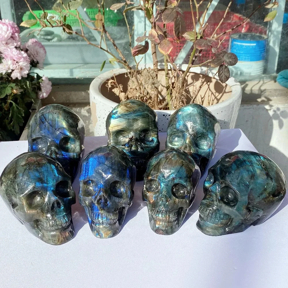 Natural Labradorite Crystal Skull for Home Decor Reiki Meditation Halloween Ornament Hand Carved Healing Crystal Stone