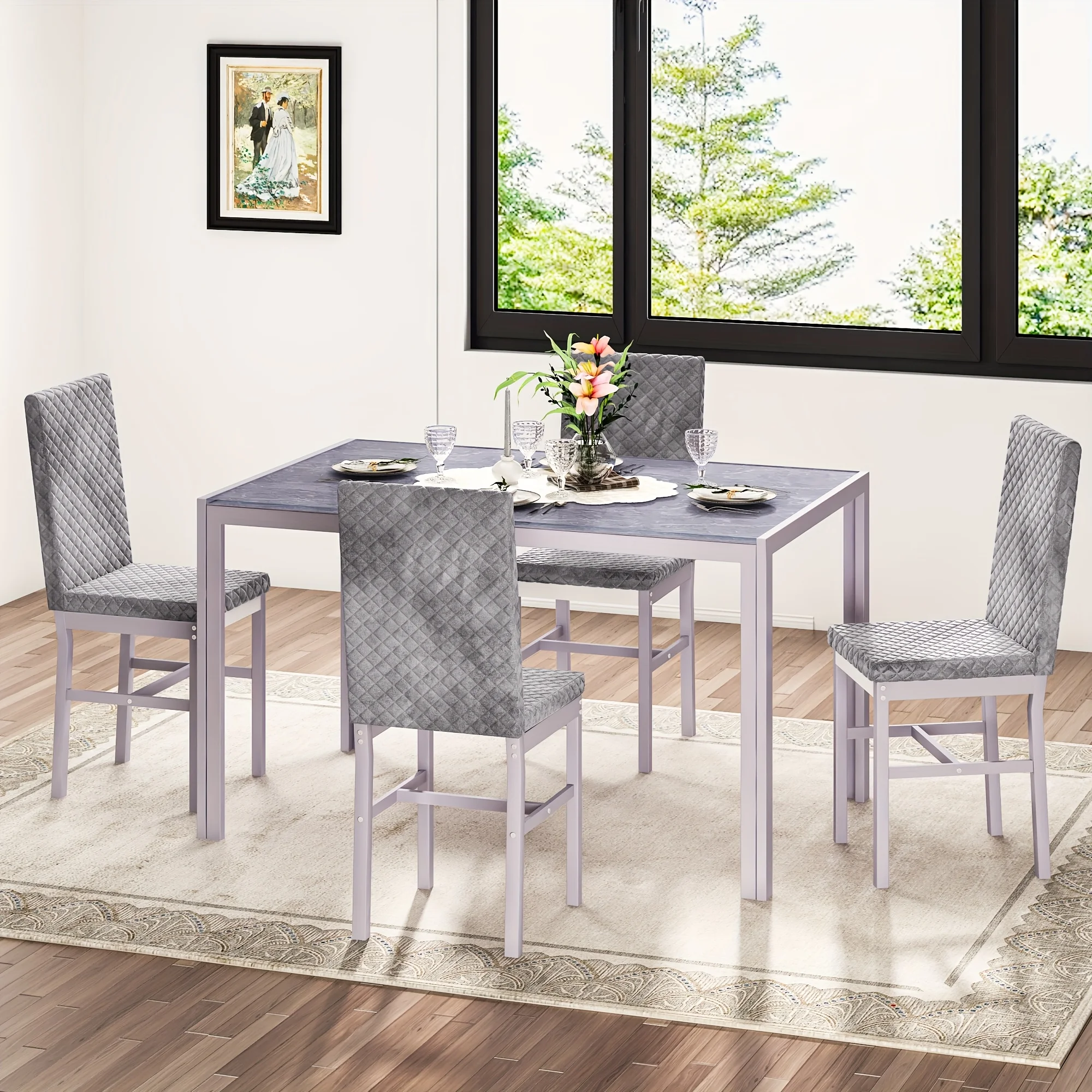 

Modern Luxurious Style 5pcss Dining Room Table Set, 5pcs Dining Table Bar Table Set With Tempered Glass Tabletop, Metal Frame