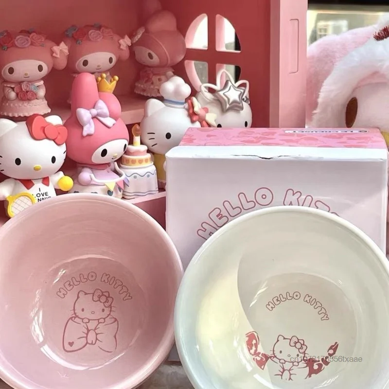 Sanrio Hello Kitty Ceramic Bowl Japan Style Household Soup Bowl Sala Dessert Bowl Kawaii Cartoon Aesthetic Bowls Microwaveable