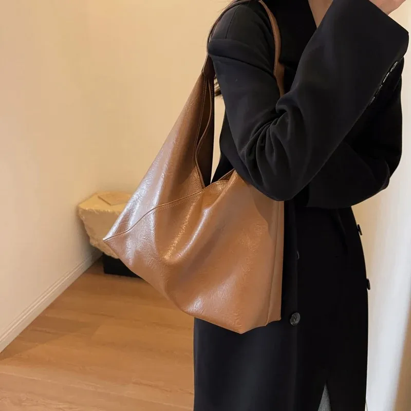 Retro Leather Handbags Women Luxury Fashion Brown Large Capacity Shoulder Bags Shopping Tote Bags 2024 New Big Underarm Hobo Bag