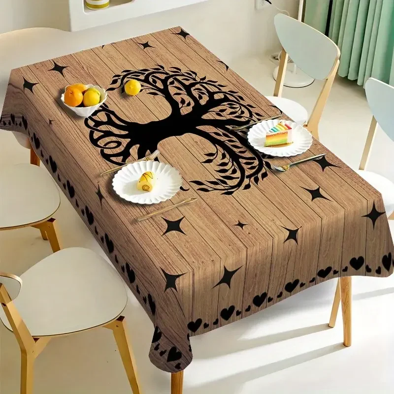 Brown Tree Heart Pattern Rectangle Tablecloth Holiday Party Decor Vintage Farmhouse Wood Grain Table Cloths Kitchen Table Decor