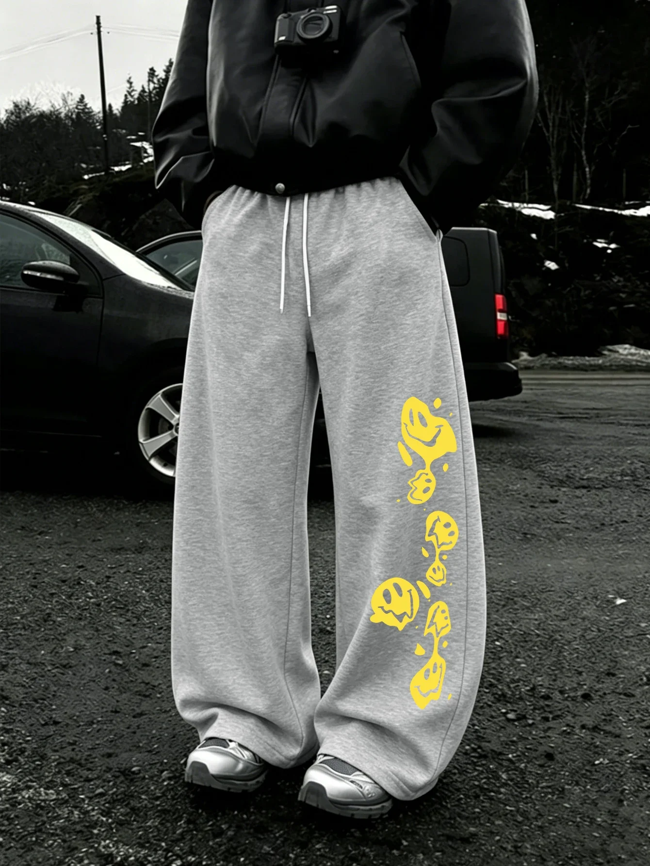 Wide Leg Trousers, Melting Smile Face Graphic Print, Drawstring Elastic Waist, Y2K Streetwear Loose Casual Bottoms