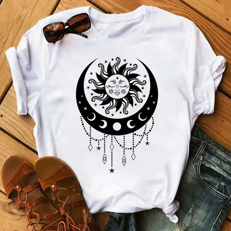 New Women T Shirt Moon Star Print Female's Tops Harajuku 90s Ulzzang Aesthetic Tops Tees T-shirts for Women Drop Shipping Shirts