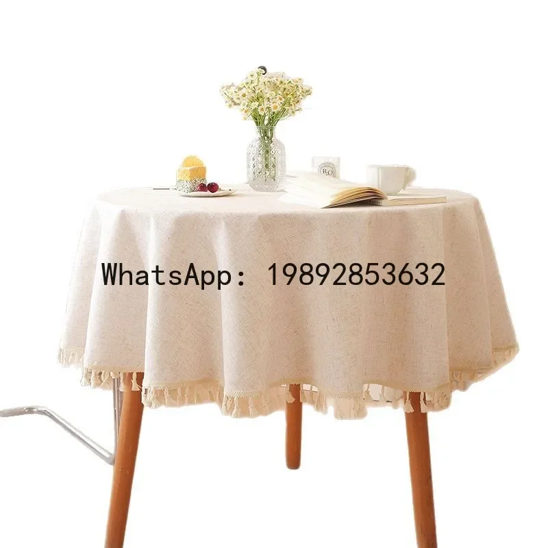 a-16 minimalist solid color round bamboo joint linen tassel tablecloth cotton linen table cover