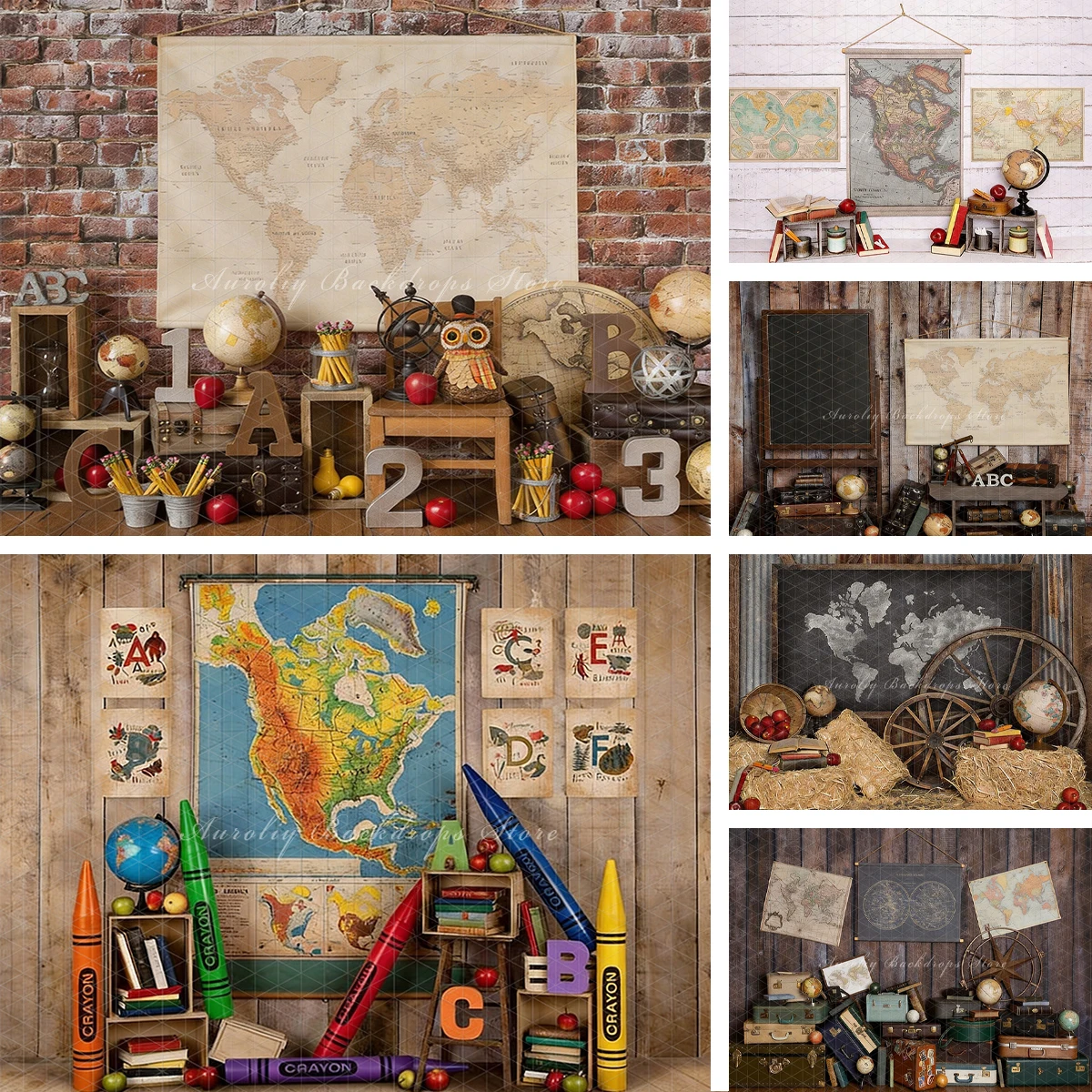 

Vintage World Map Globes Geography Classroom Photography Backdrop Back to School Kid Portrait Photo Background Studio Prop Decor