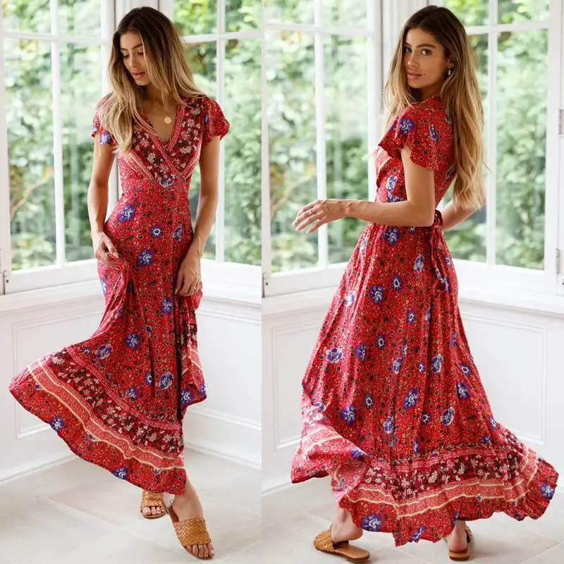 Bali Vaion Sle Deep V Cotton Silk Retro Print ort Sve Long  Beach Dr Summer Street Sle Midi Waist Gown