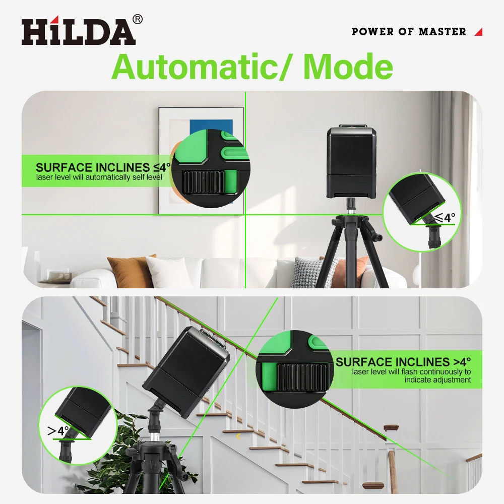 HILDA Laser Level Green 2 Lines Level Ip55 15M Self-Leveling Horizontal & Vertical Cross Super Powerful Measuring Tools ﻿