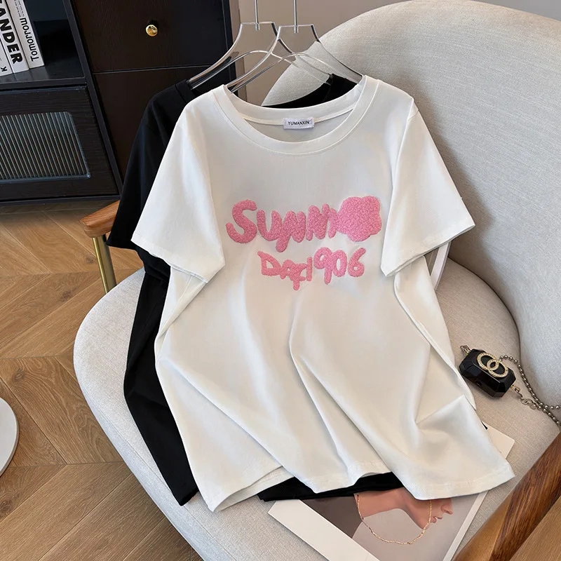 170Kg Plus Size Women's Bust 170 Summer Letter Embroidered T-Shirt Short Sleeved Round Neck Loose Top 6XL 7XL 8XL 9XL 10XL 11XL