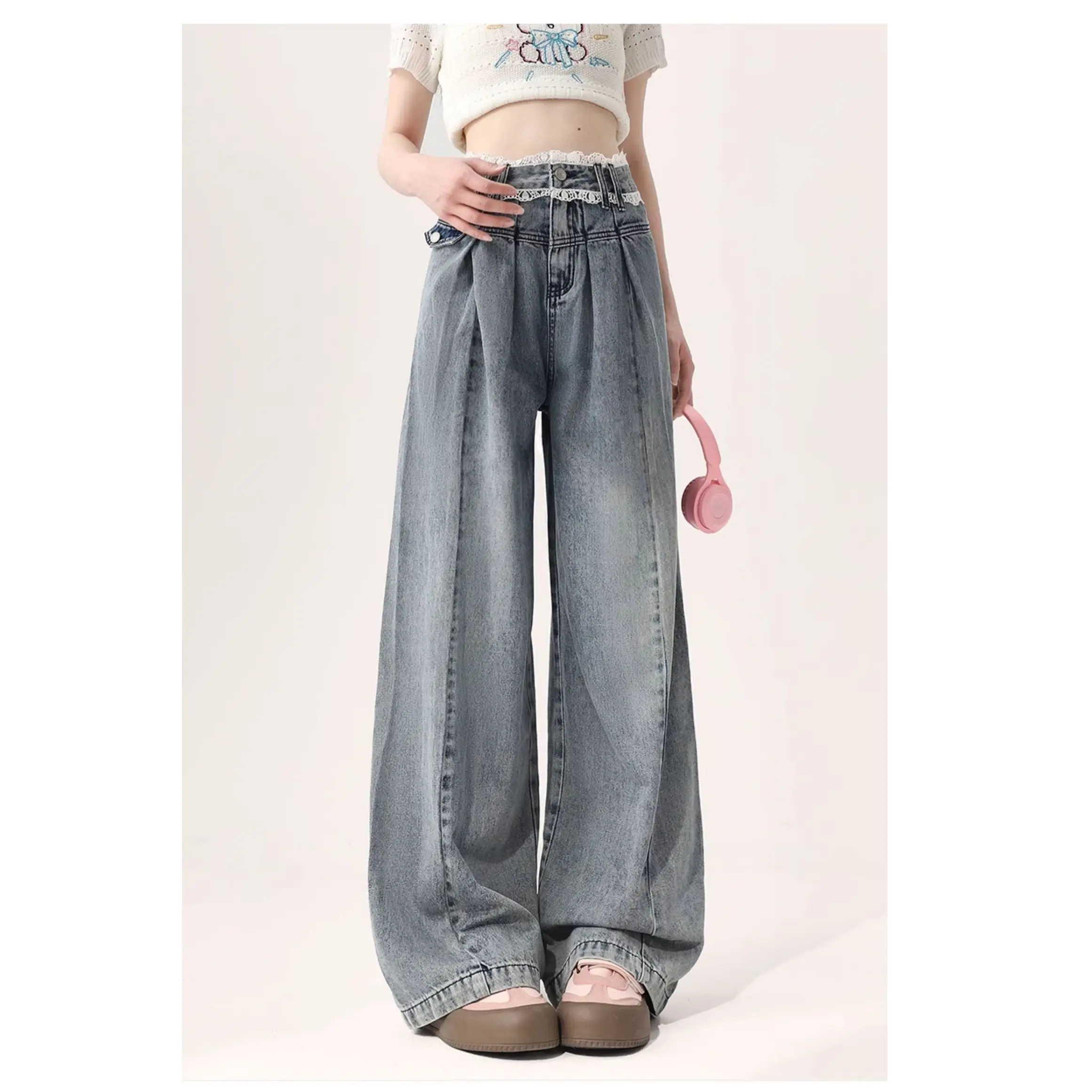 High Waist Women's Jeans Wide Leg Pants Y2K Trendy Stretchy Baggy Denim for Curvy Figures Retro Pinup Style Trousers