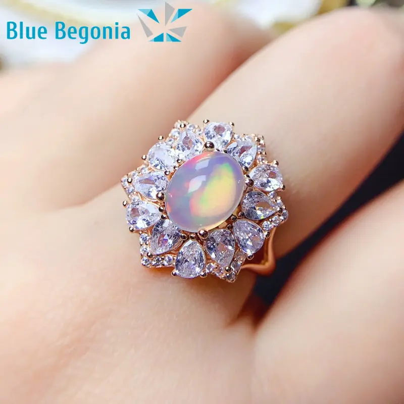 925 Sterling Silver Natural Opal Ring Jewelry for Women Wedding Engagement Gift 7*9MM Gemstone