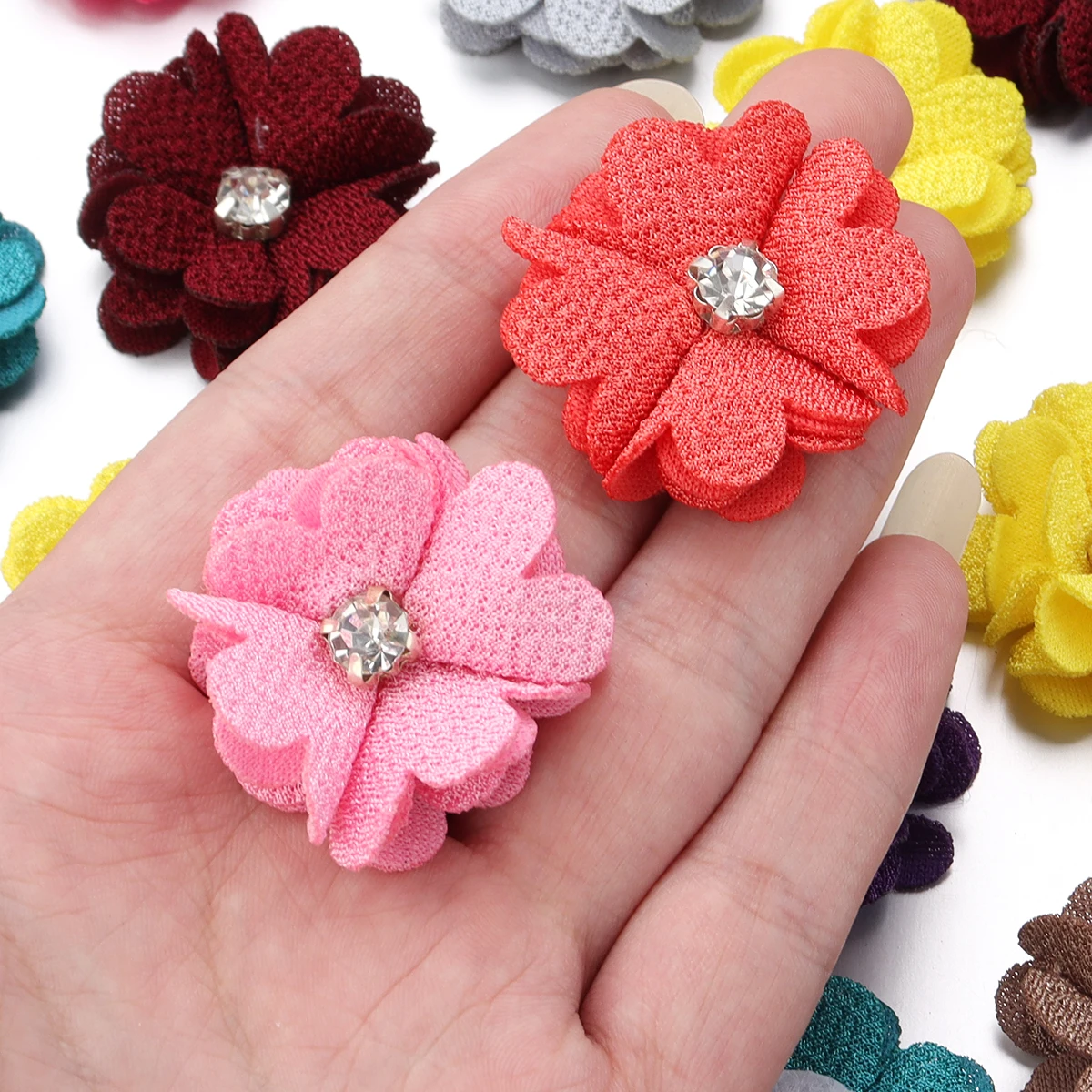 

10pcs 3.5cm Colorful Fabric Flower Rhinestone Flower Core Pearl Hemp Flower Applique For DIY Clothing Sewing Headwear Decoration
