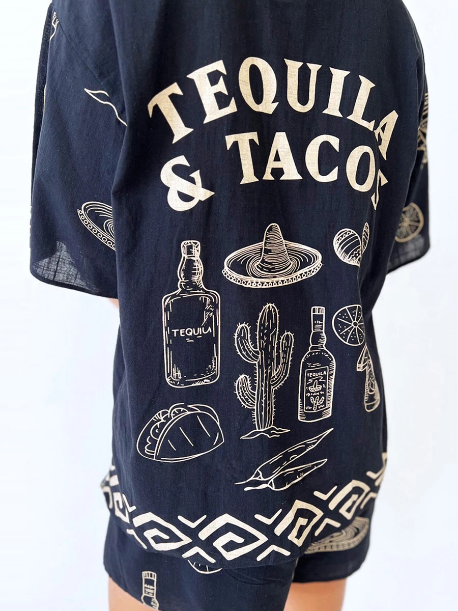 Conjuntos de pijama de 2 piezas para mujer, trajes de salón con Tacos, estampado de letras de Tequila, manga corta, botones, Tops sueltos y pantalones cortos, ropa de dormir