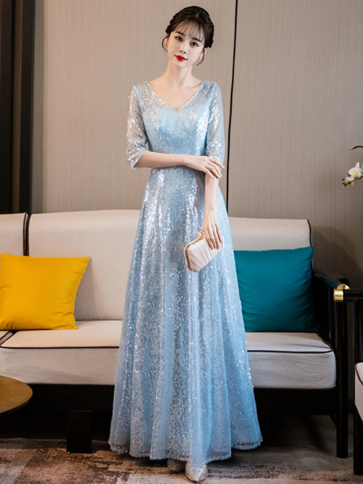 

Blue Sequin Evening Dr Women's plus Size Ball Gown Faionable Mid-Waist Long Skirt for Wedding Anniversary Performance Host