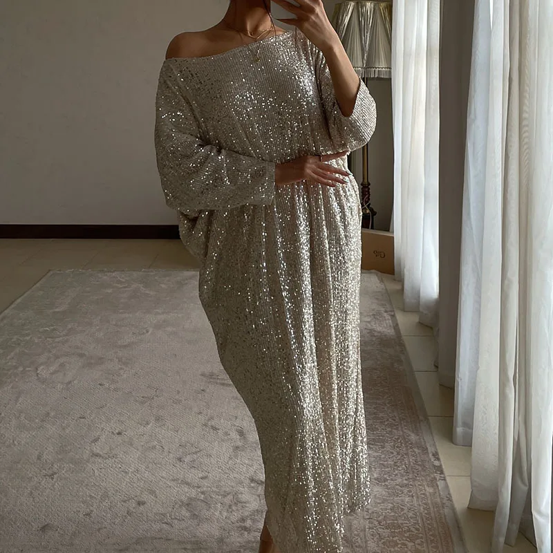 

Sexy Slash Neck Loose Women's Party Dress Elegant Solid Color Straight Long Dresses Sparkling Sequin Long Sleeved Autumn Dress