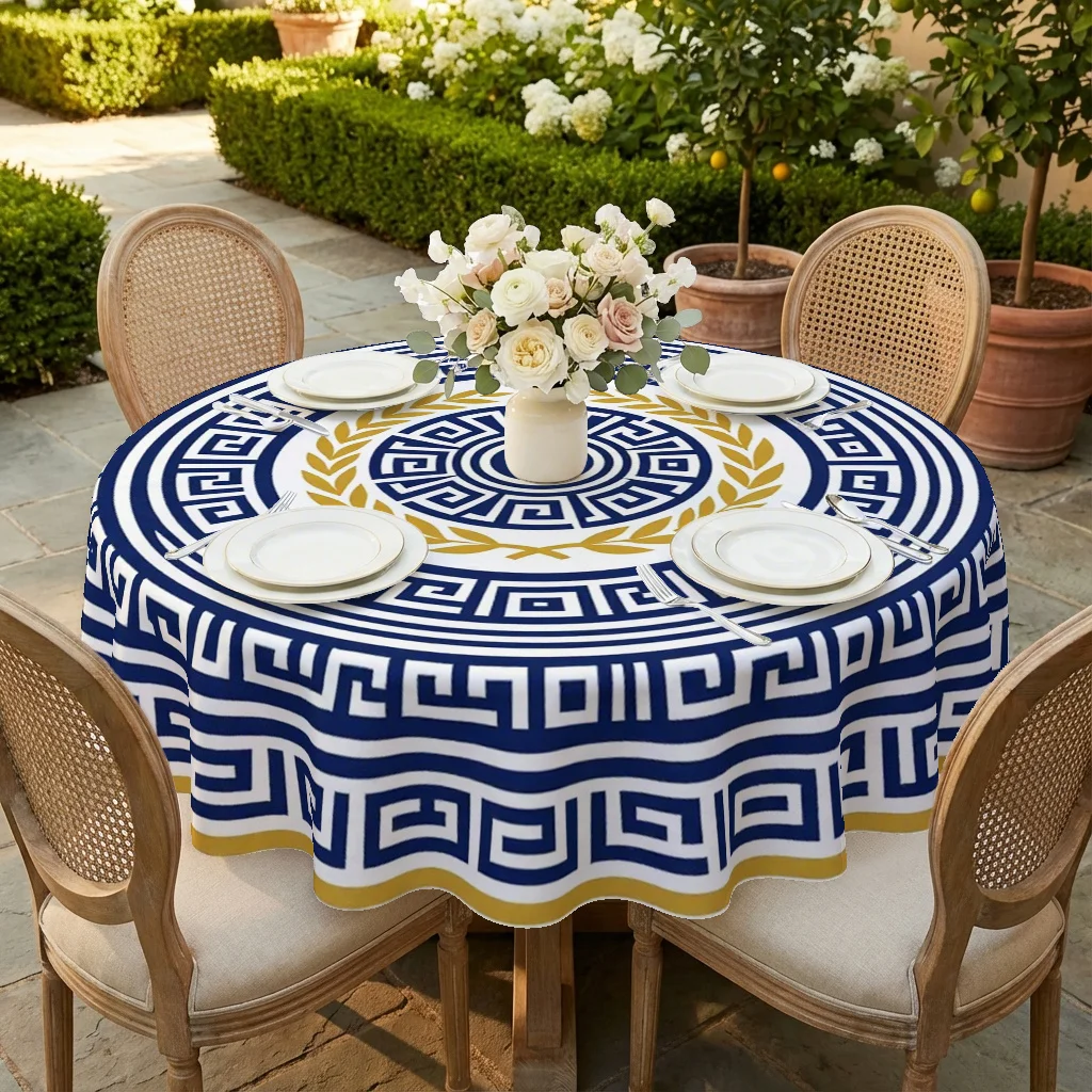 One Greek-style round tablecloth, featuring blue, white and gold geometric and oak leaf wreath patterns design.