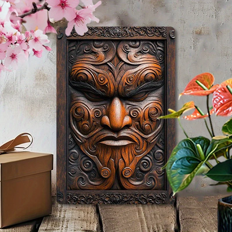 Aluminum Wall Art Decor - Maori Tiki Mask Metal Sign for Bathroom, Bedroom, and Dining Room, Weather-Resistant Vintage Tin Décor