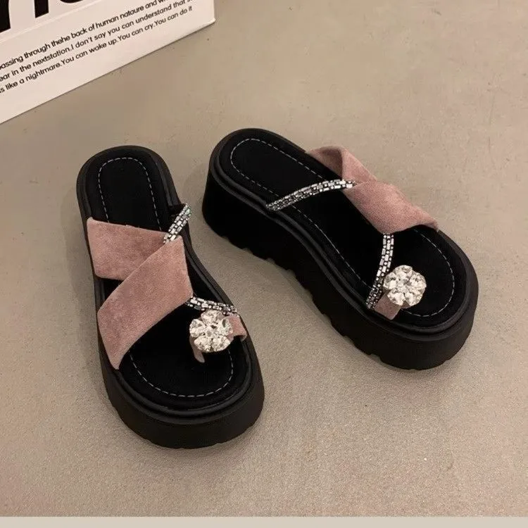 Women's Rhinestone Clip Toe Platform Sandals Summer Outdoor Slip on Heightened Thick-soled Fashion Slippers Sandalias De Mujer