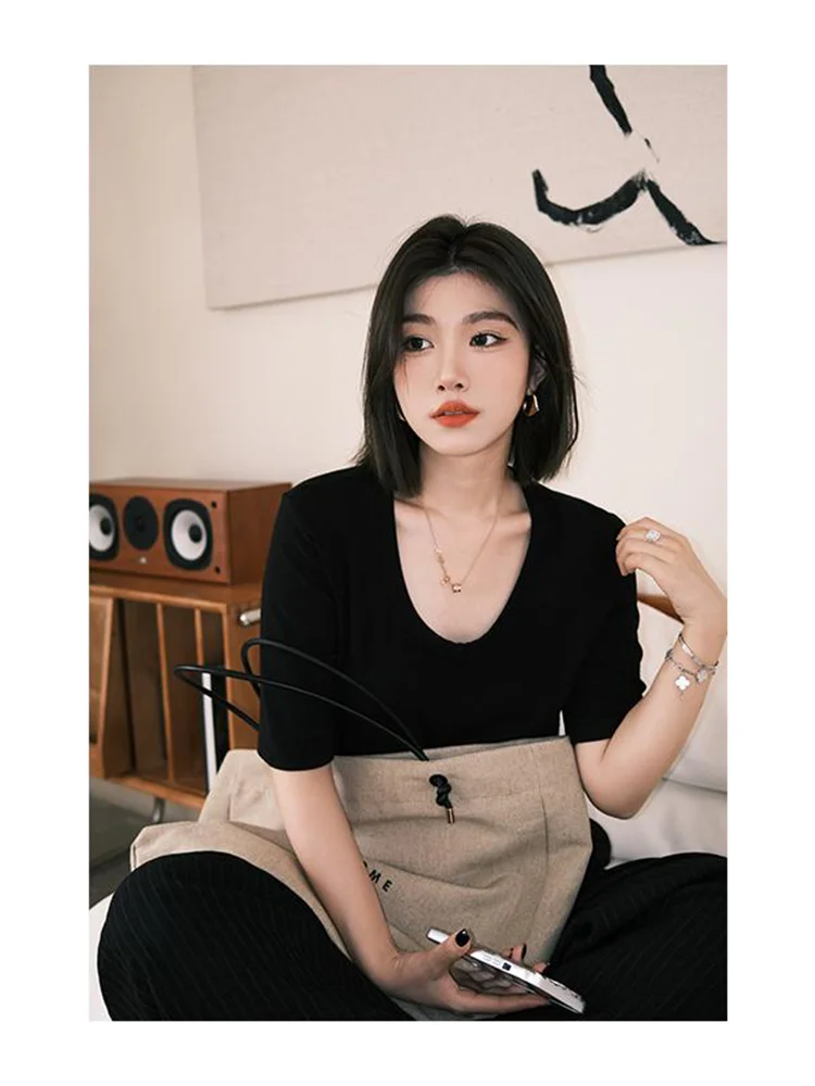 

Футболка Lao Yang's Personal Sle Pure Color Bla U-Ne ort Sve T-irt, повседневная, свободного кроя, для поездок на работу, летняя, новинка