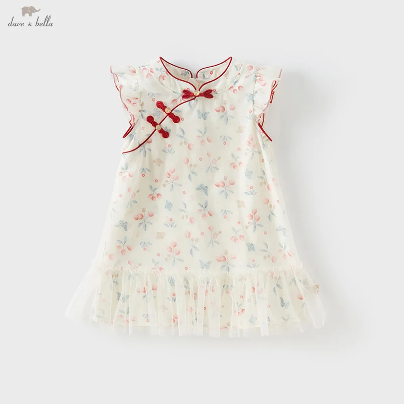 Dave Bella Children's Dresses Spring Autumn Girls Sweet Mesh Skirt Chinese Style Outerwear Elegant Party Kids Clothing DB2251856