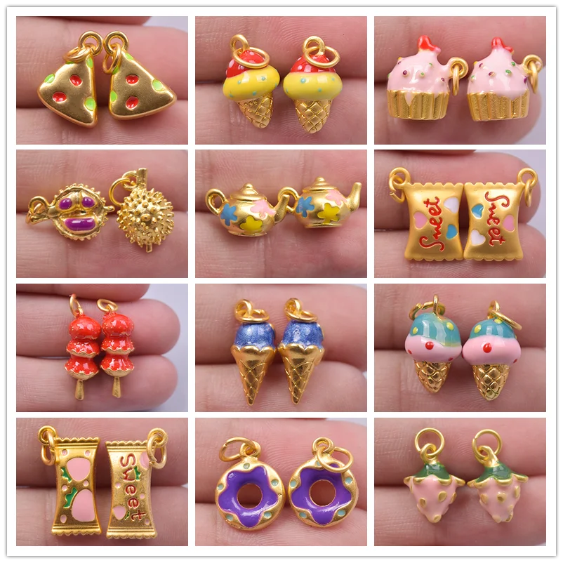 Dijes de comida de postre tridimensionales de alta calidad, suministros para la fabricación de joyas, colgante de esmalte de Color dorado, llavero DIY, 5 piezas