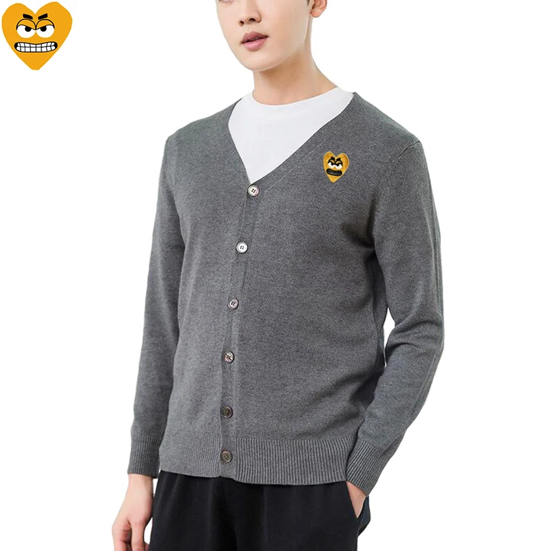 Break Egg Men Cardigan Cotton Cartoon Cute Snag Heart Embroidery V-Neck Single Breasted Long Sleeves Autumn Fit Sweater